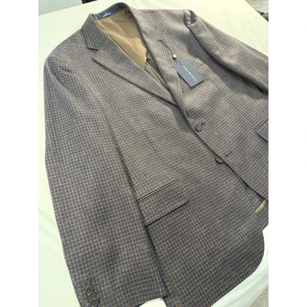 Joseph Abboud Heritage Soft Jacket 46S Navy Brown Houndstooth Wool /Linen Blazer